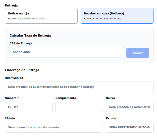 Checkout: opção de entrega com busca por CEP, endereço automático, frete e tempo estimado
