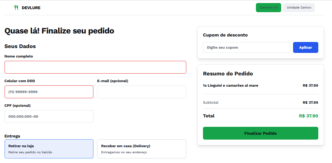 Tela de checkout: dados do cliente, cupom e resumo do pedido
