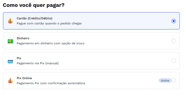 Checkout: opções de pagamento como cartão, dinheiro, Pix e Pix online